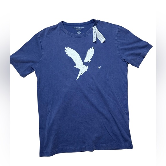 American Eagle NEW Mens S Super Soft Blue Distressed Logo Short Sleeve T-Shirt - Picture 1 of 6